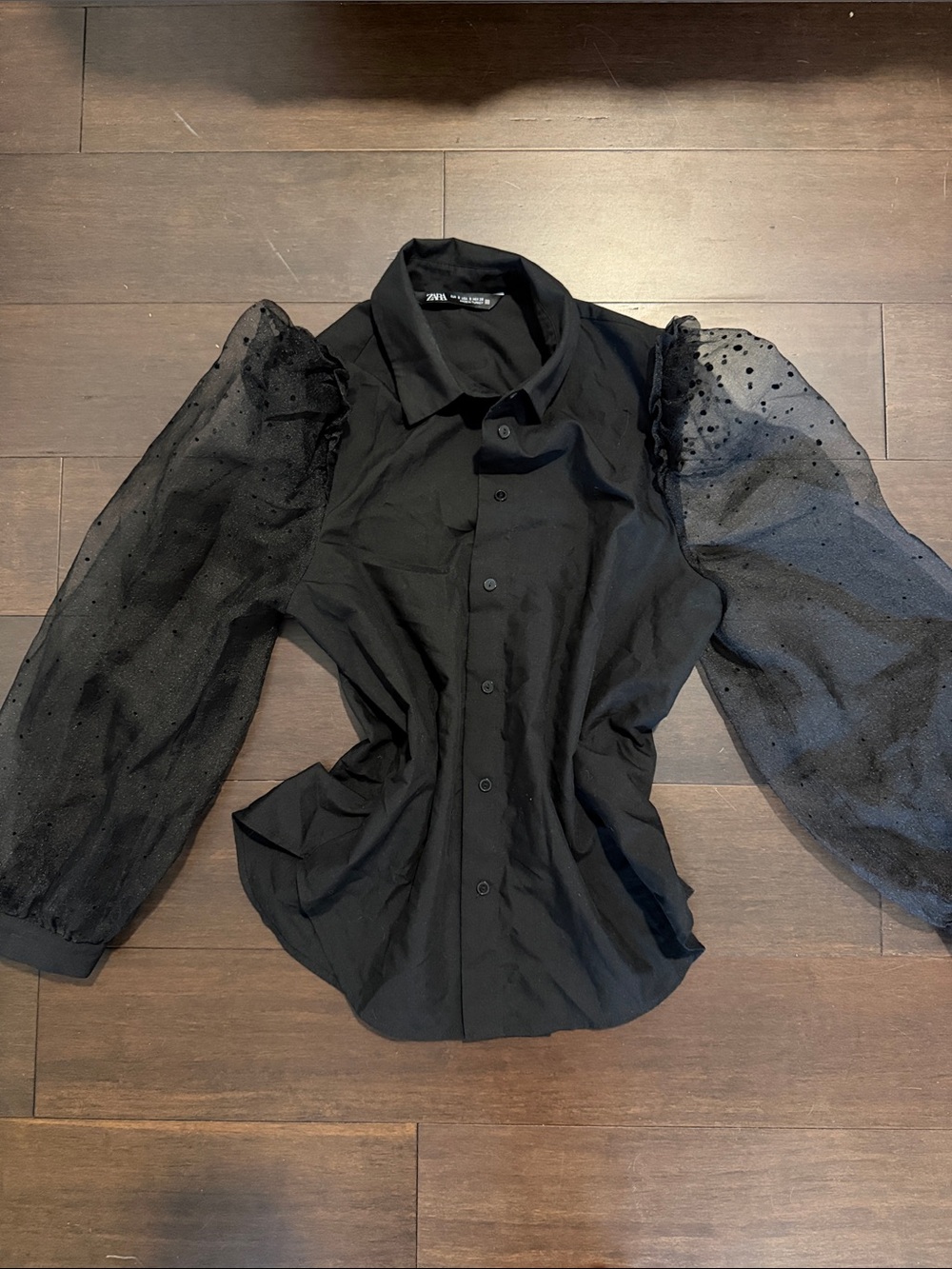 Zara Black Sheer Puff-Sleeve Button-Up Shirt